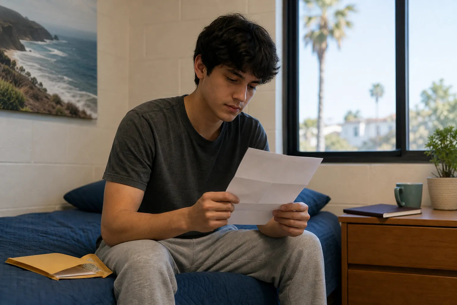 Resident Reading a Letter in His Room Young man seated on a bed reading a letter beside an opened envelope in a bright residential room.
