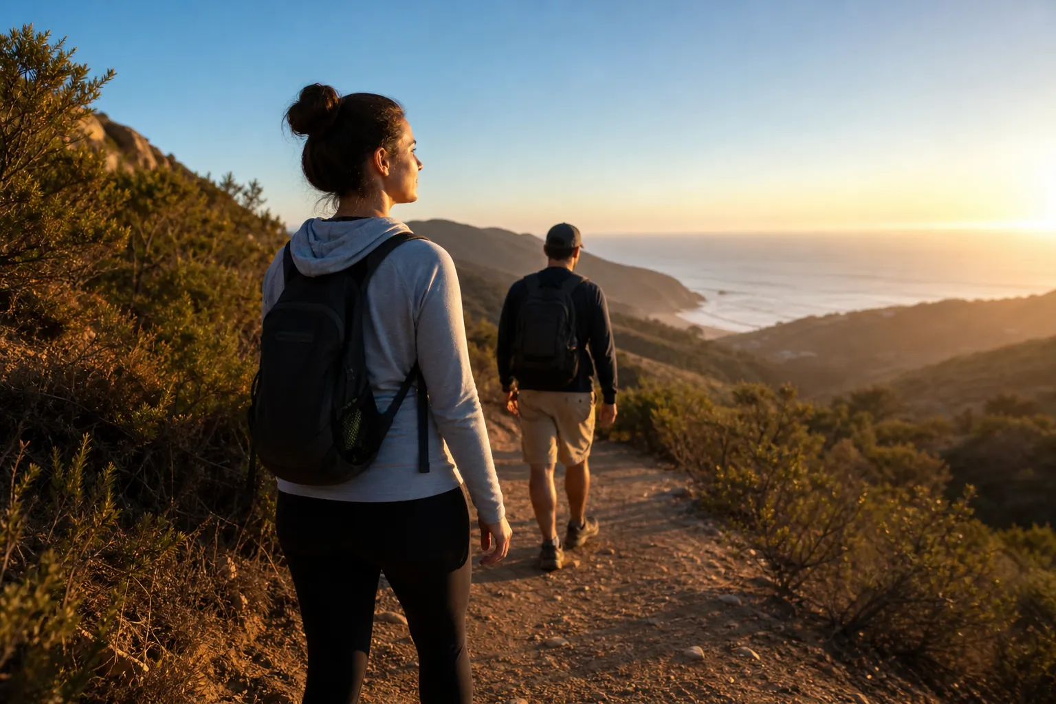 Hikers on a coastal mountain trail at sunset Two hikers with backpacks walk along a coastal mountain trail at sunset, overlooking the ocean and surrounding hills.