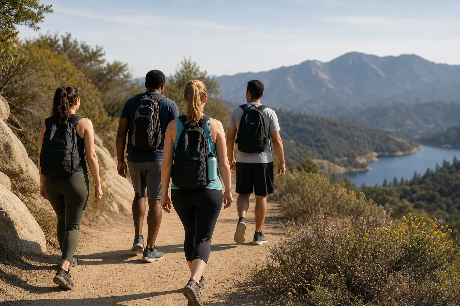 Group Hiking on a Mountain Trail Above a Lake Four adults with backpacks hike along a mountain trail overlooking a lake and forested ridges.