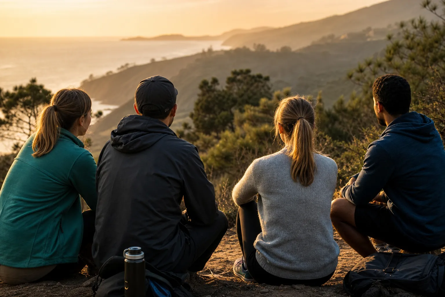 Outdoor Group Recreation on a Coastal Hillside Four people sit together on a hillside overlooking a coastal landscape at sunset during an outdoor group activity.