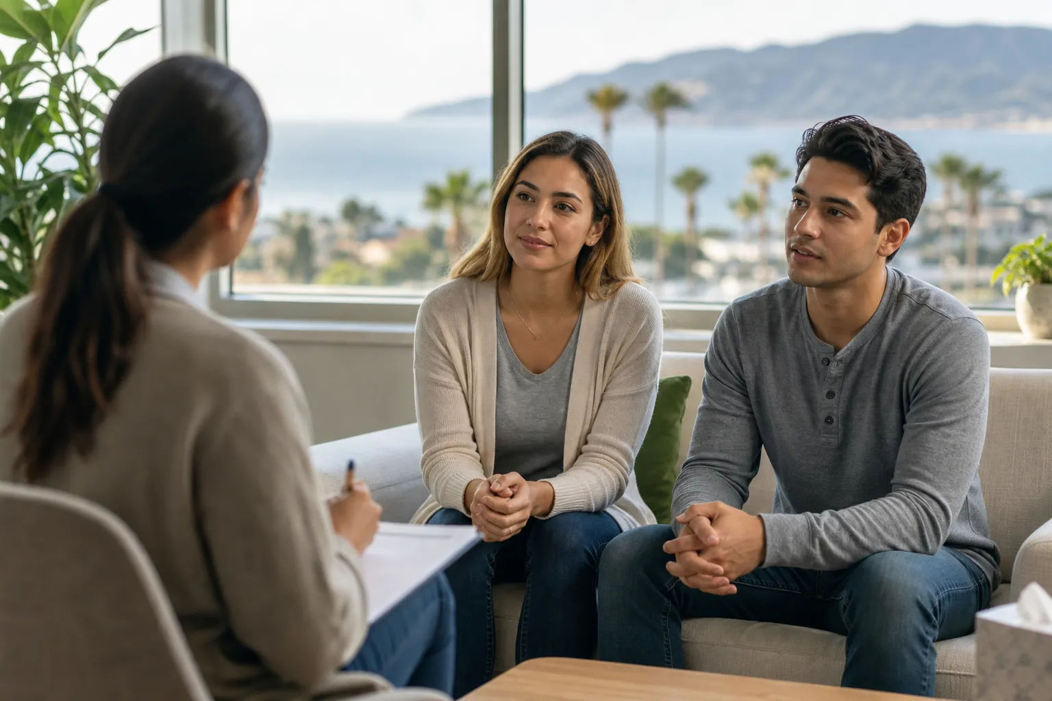 Couple Meeting With a Counselor in Coastal California A couple speaks with a counselor in an office overlooking a palm-lined California coastline.