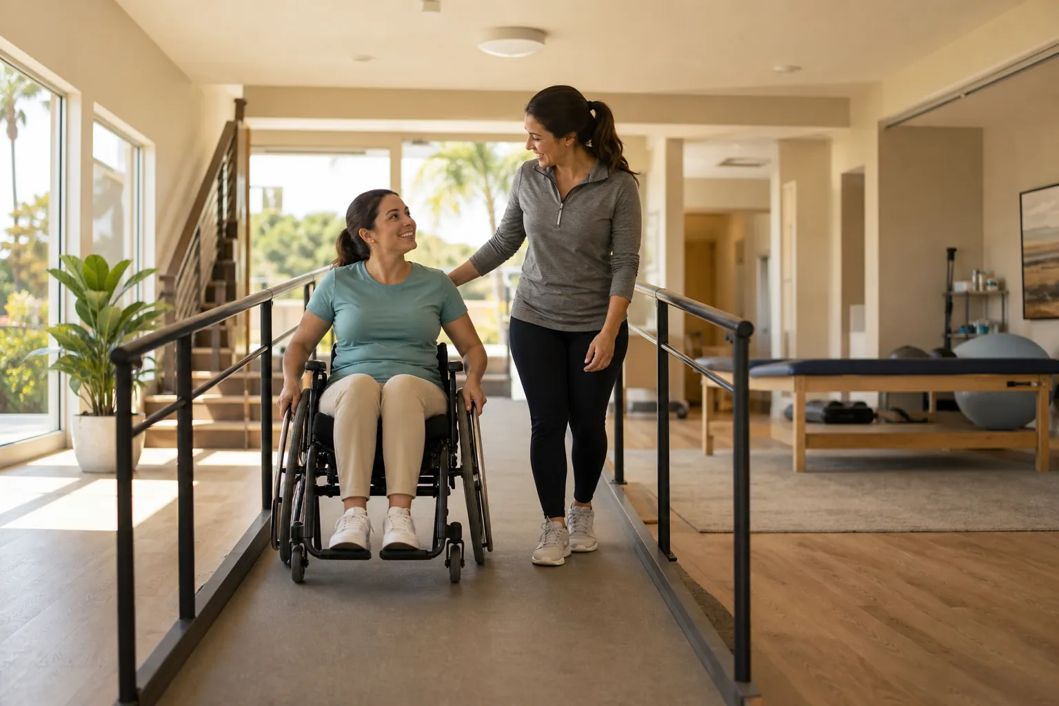 Wheelchair-accessible ramp at a rehabilitation facility A rehab worker walks beside a woman using a wheelchair on an indoor accessibility ramp with handrails.