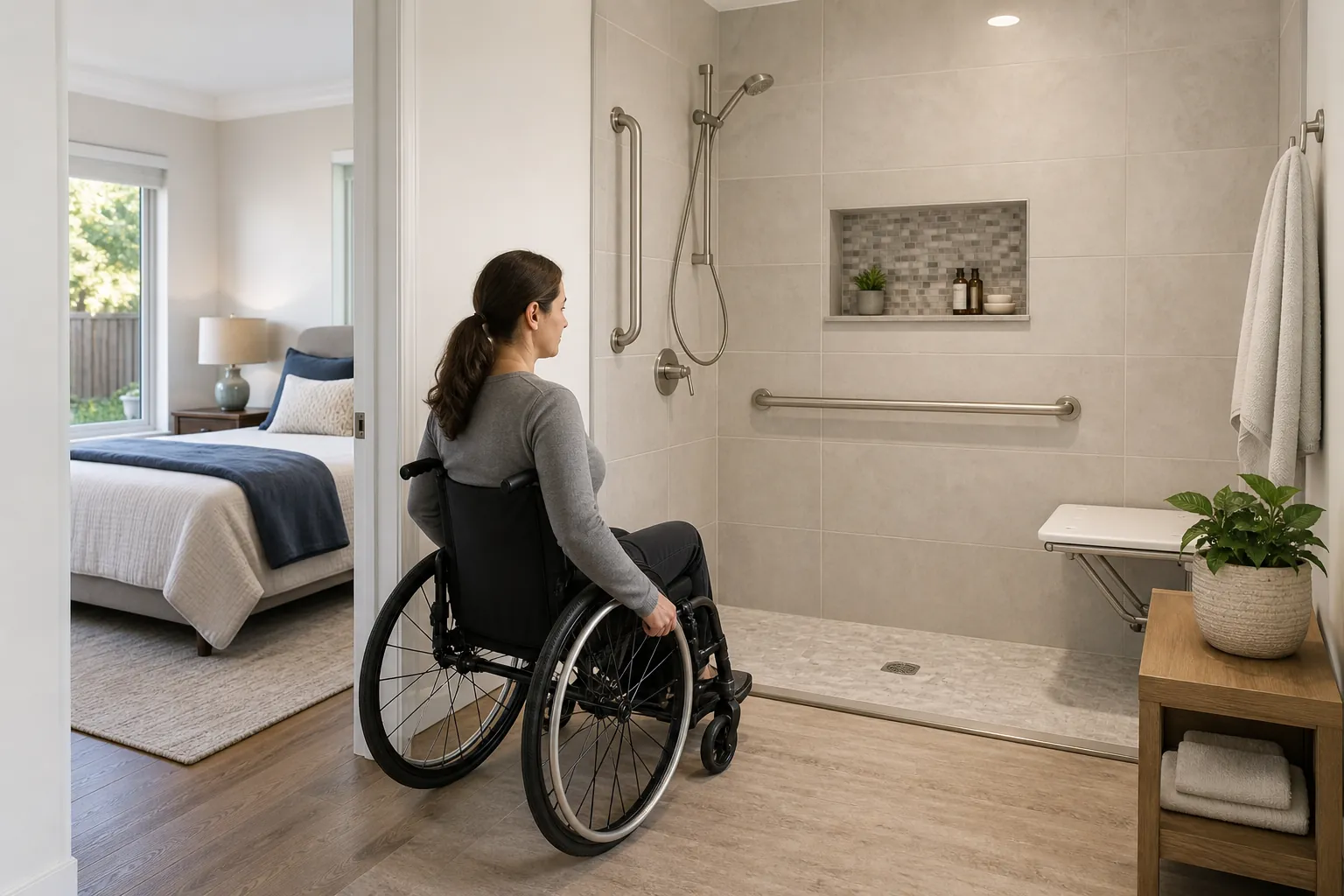 Wheelchair-accessible bathroom with roll-in shower A wheelchair user faces a spacious accessible shower with grab bars, a handheld showerhead, and a fold-down seat.