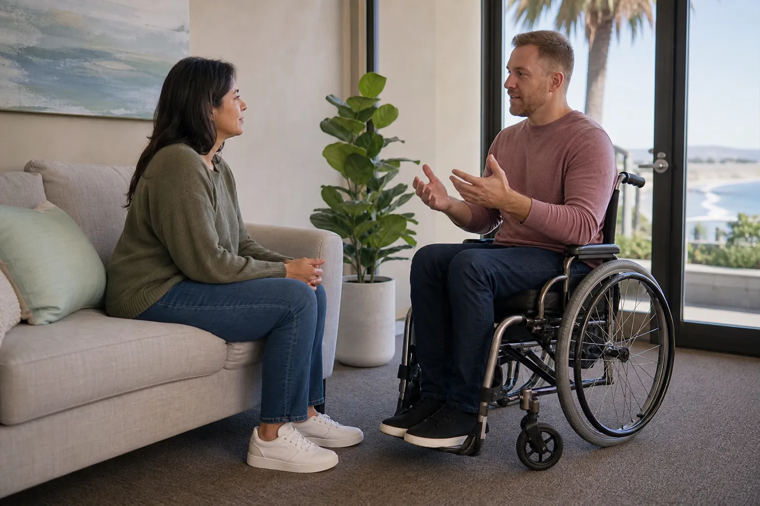 Discussing accessibility needs in addiction treatment A woman listens to a man using a wheelchair during a conversation in a bright, accessible treatment setting.