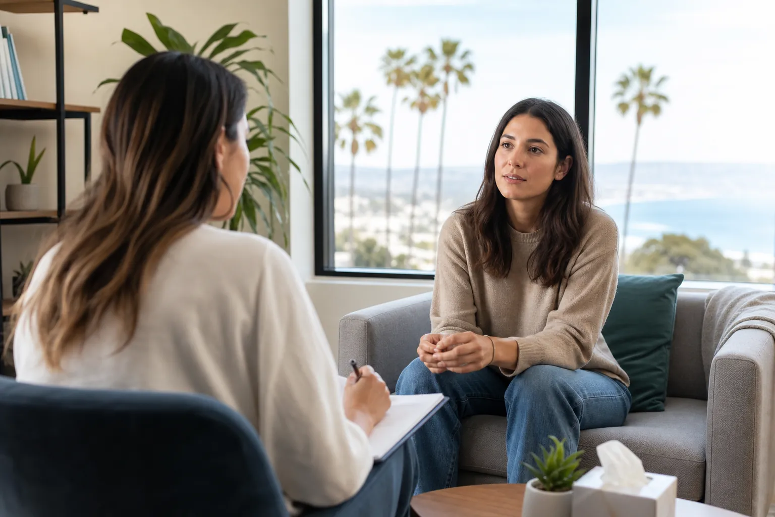 One-on-One Assessment Conversation in an Office A woman sits on a gray sofa facing another woman holding a pen and notepad, with palm trees and ocean visible outside.
