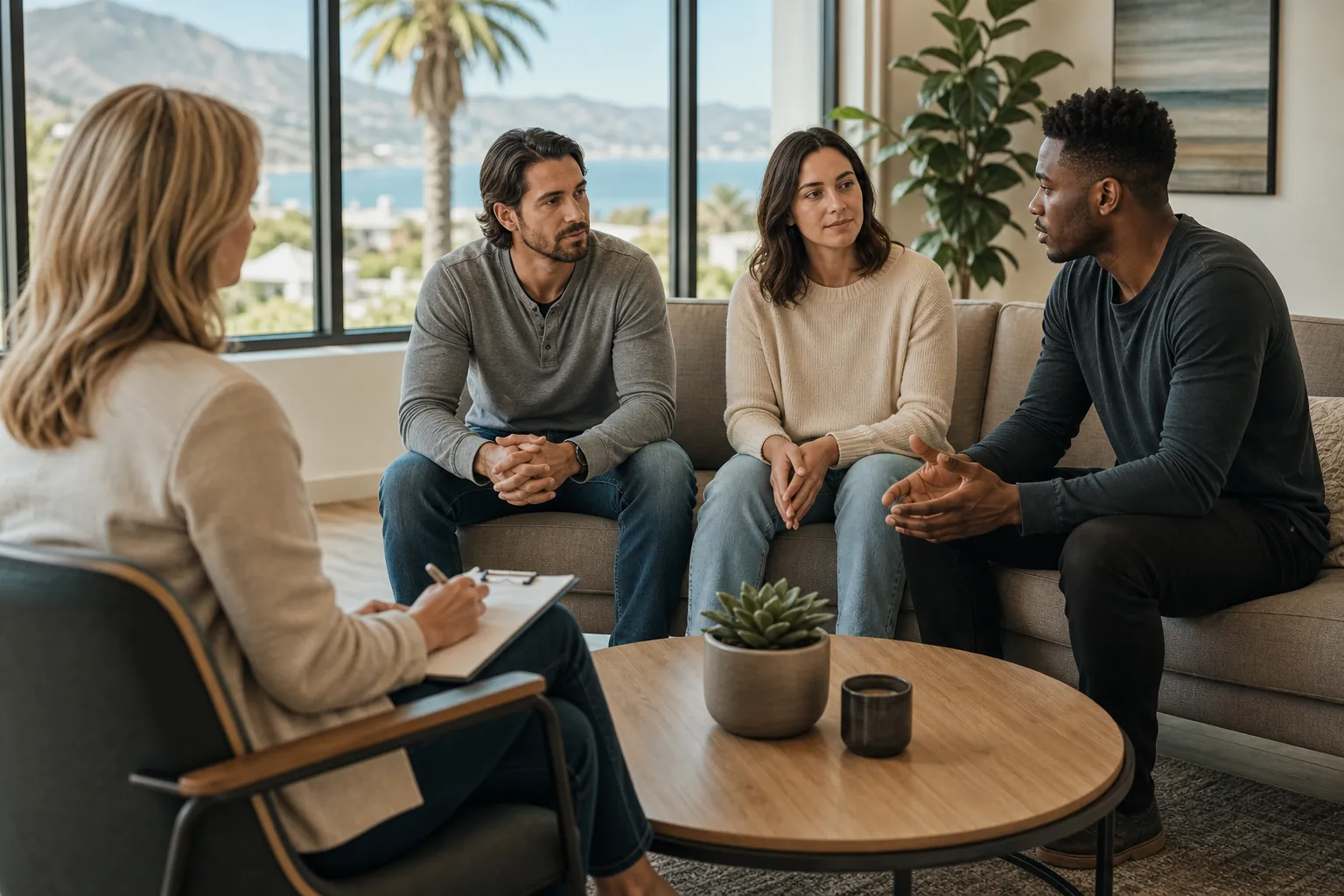 Group Counseling Discussion in a Coastal Setting Three adults sit on a sofa facing a woman with a clipboard during a group discussion in a bright room with coastal views.