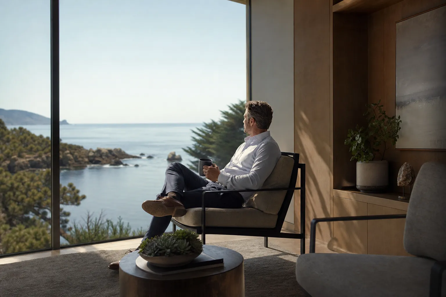 Man relaxing in a private room overlooking the coast A man holding a mug sits in a private modern room and looks through a large window at a calm California coastline.