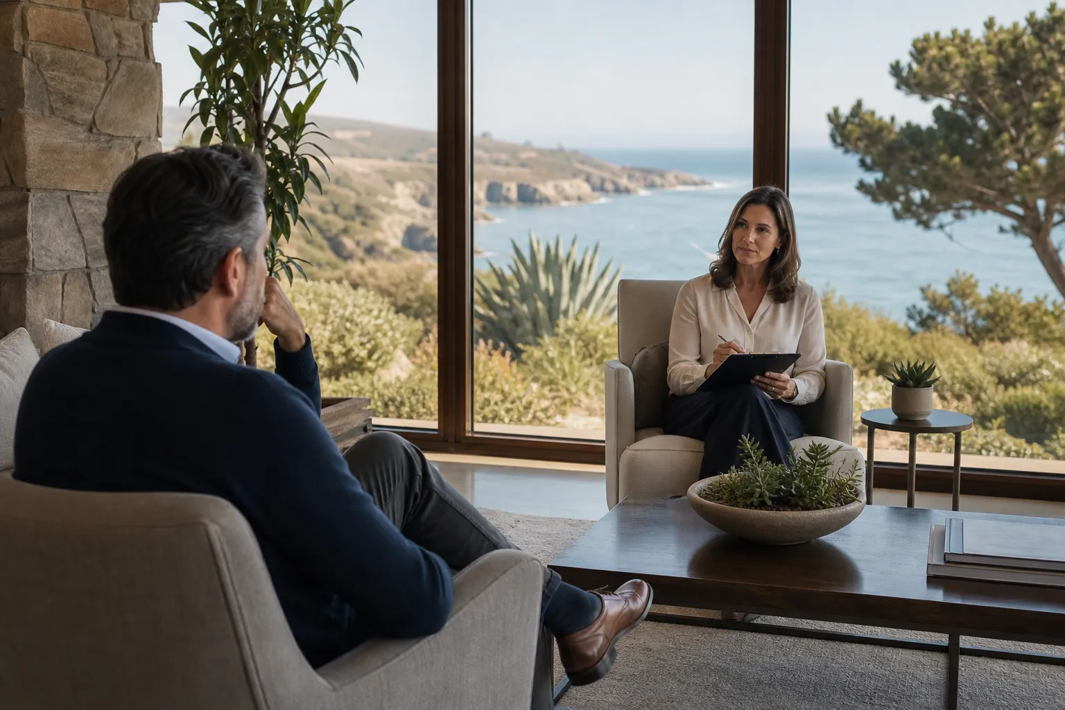 Private executive therapy session on the California coast A therapist with a clipboard speaks privately with a man in an upscale office overlooking the California coast.
