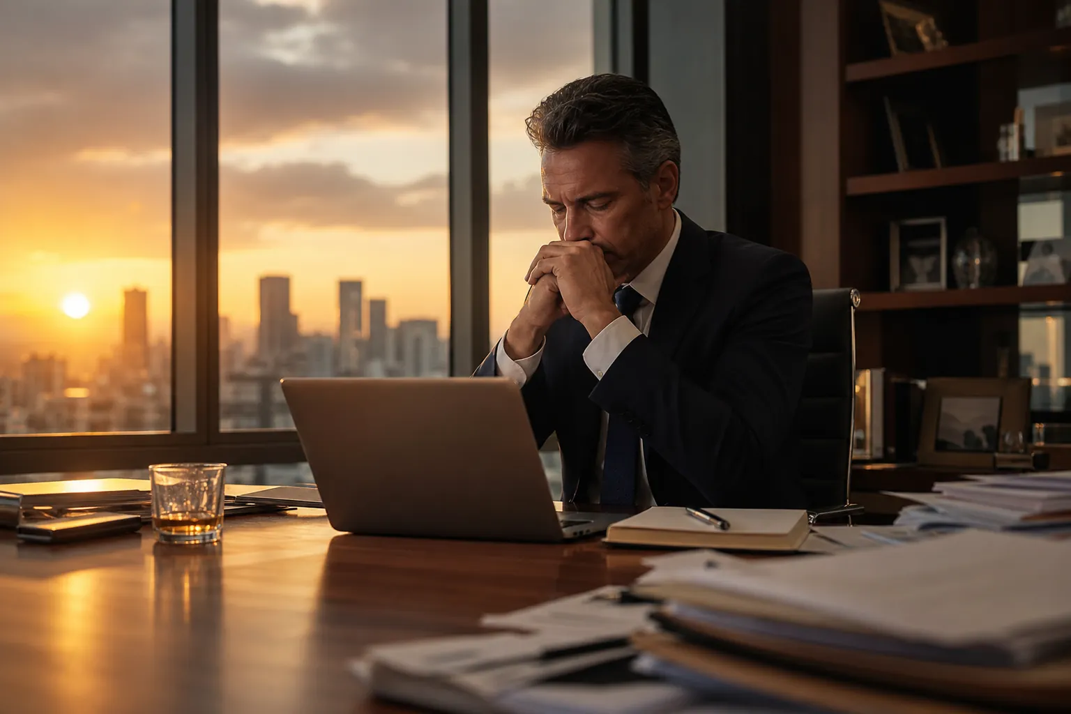 Worried Executive Alone in His Office at Sunset Worried executive in a suit sits with clasped hands at a laptop in a high-rise office at sunset.