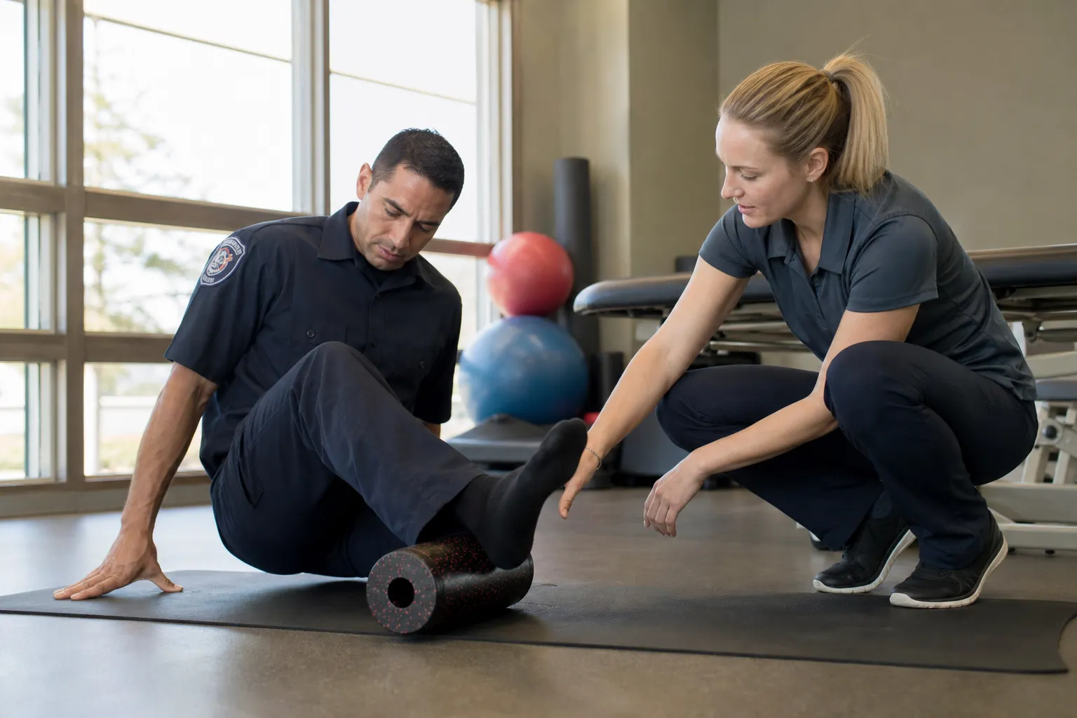 A physical therapist guides a uniformed first responder using a foam roller on his lower leg in a rehabilitation gym.