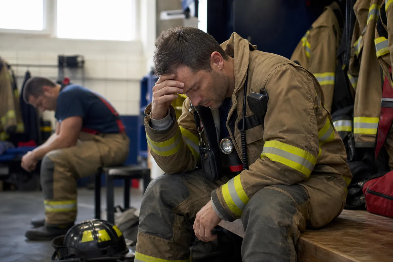 Two exhausted firefighters sit in a station locker room, with one holding his forehead beside hanging turnout gear.