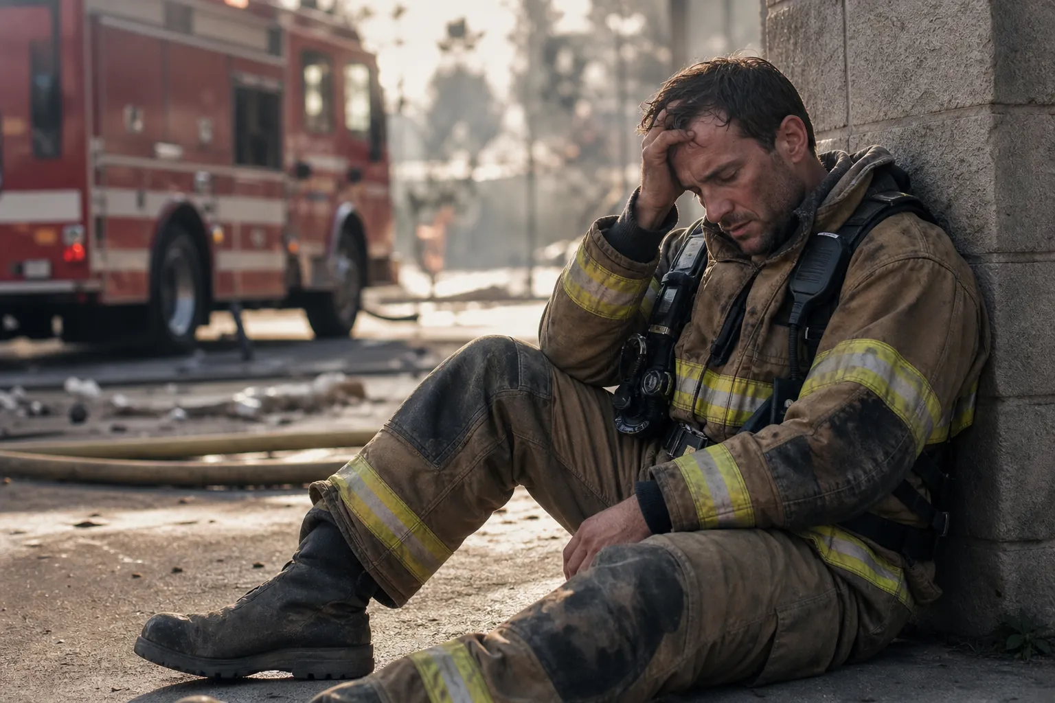 Exhausted firefighter in dirty turnout gear sits against a wall beside a fire engine and hoses after an emergency.