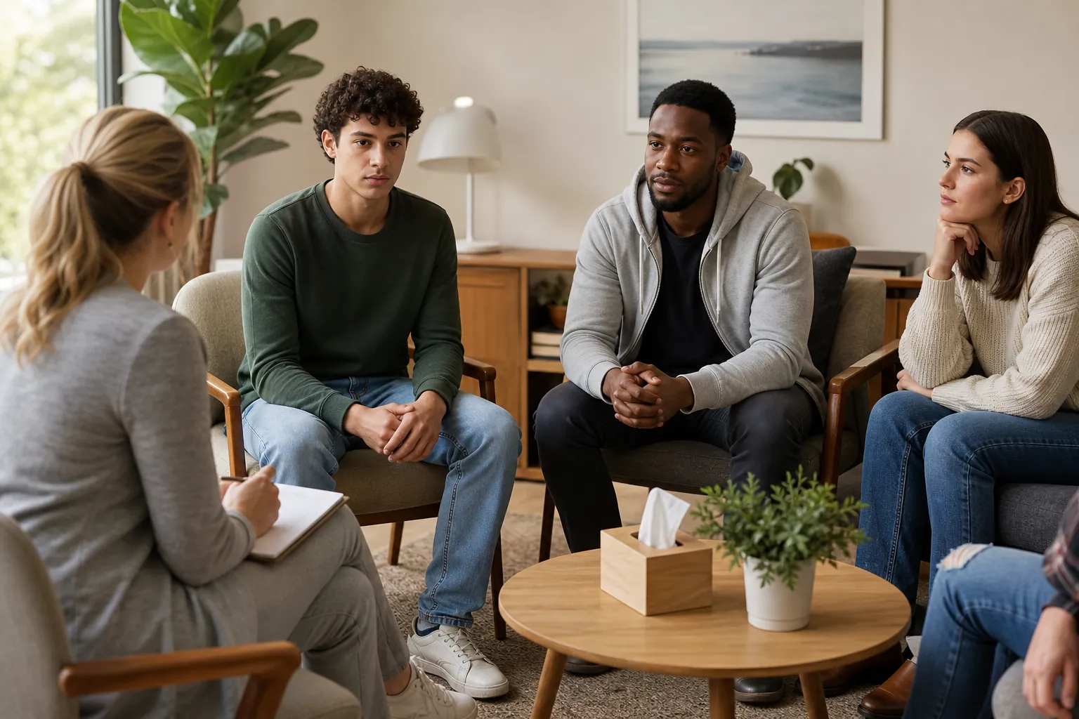 A counselor holding a notebook sits with four people in a bright room, with tissues and a plant on a round coffee table.