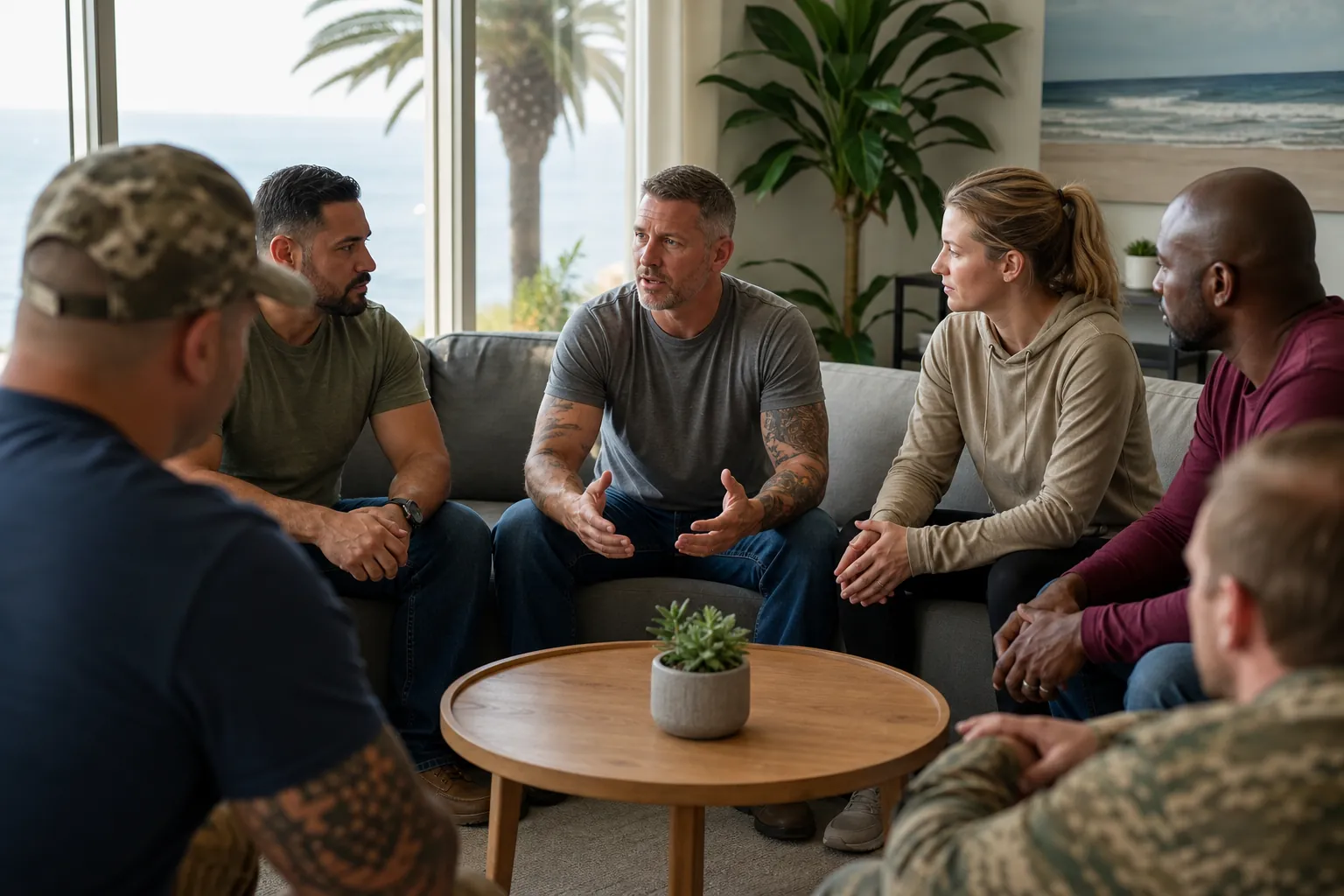 Veterans in casual clothing sit in a support group around a table, with palm trees and the California coast outside.