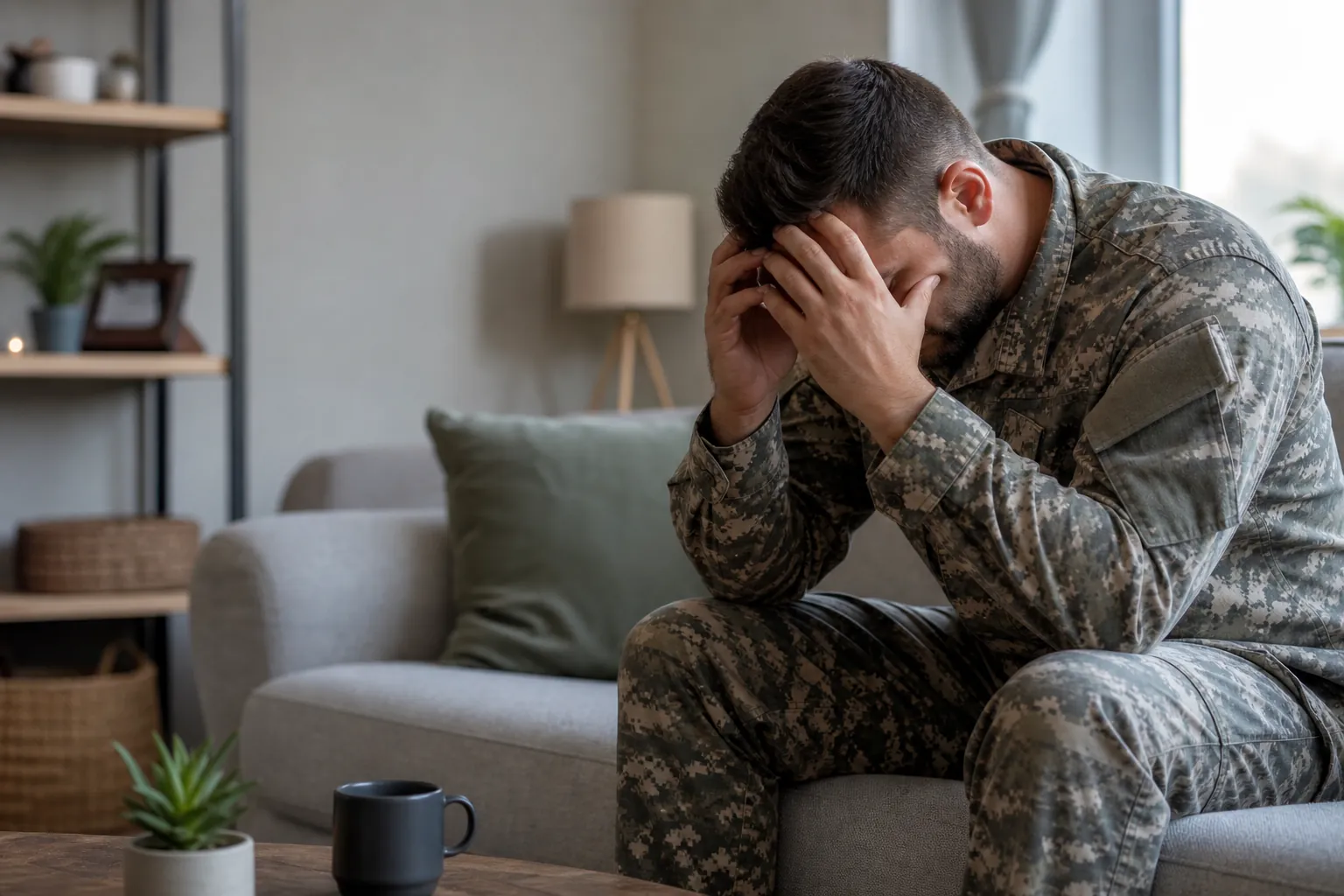 Distressed man in military camouflage sits hunched on a sofa with his face covered by his hands.