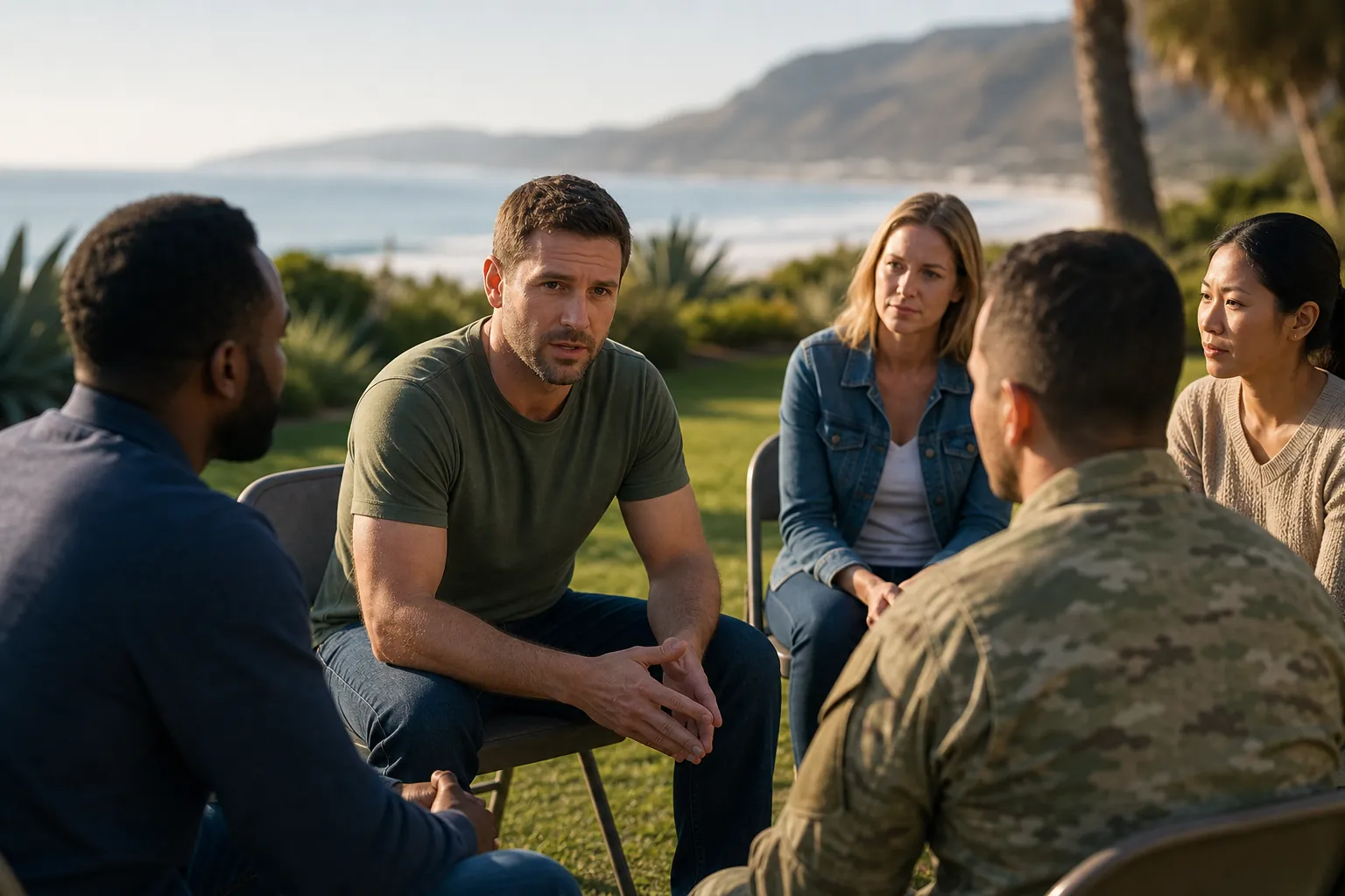 Five adults, including a person in military uniform, sit in an outdoor support circle near the California coast.