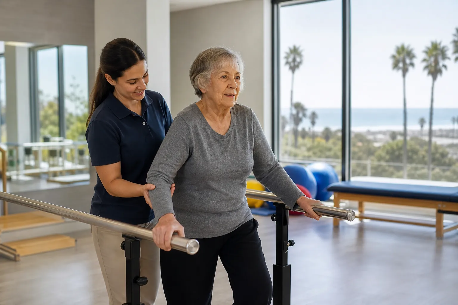 A therapist supports an older woman using parallel bars in a bright rehab clinic overlooking palm trees and the ocean.