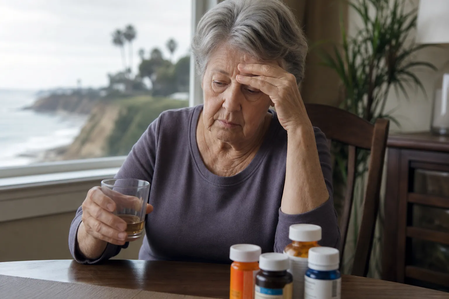 Distressed older woman holding a glass of amber liquid beside several medication bottles in a coastal home.