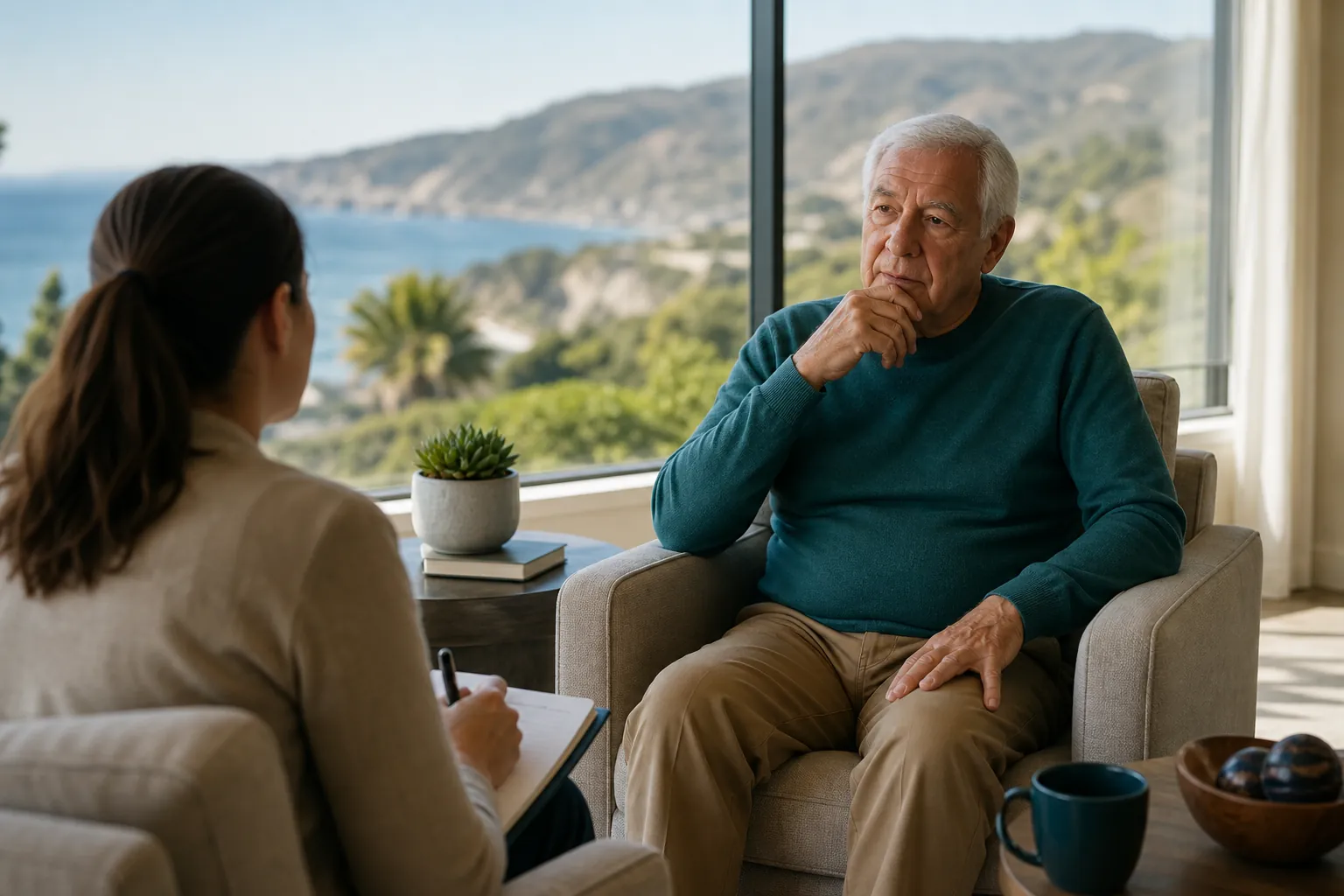 An older man speaks with a female counselor in a bright office overlooking a coastal California landscape.