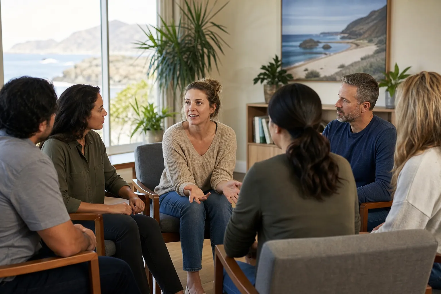 Adults Participating in a Group Counseling Session Six adults sit in a circle during a group counseling session in a bright room with coastal views.