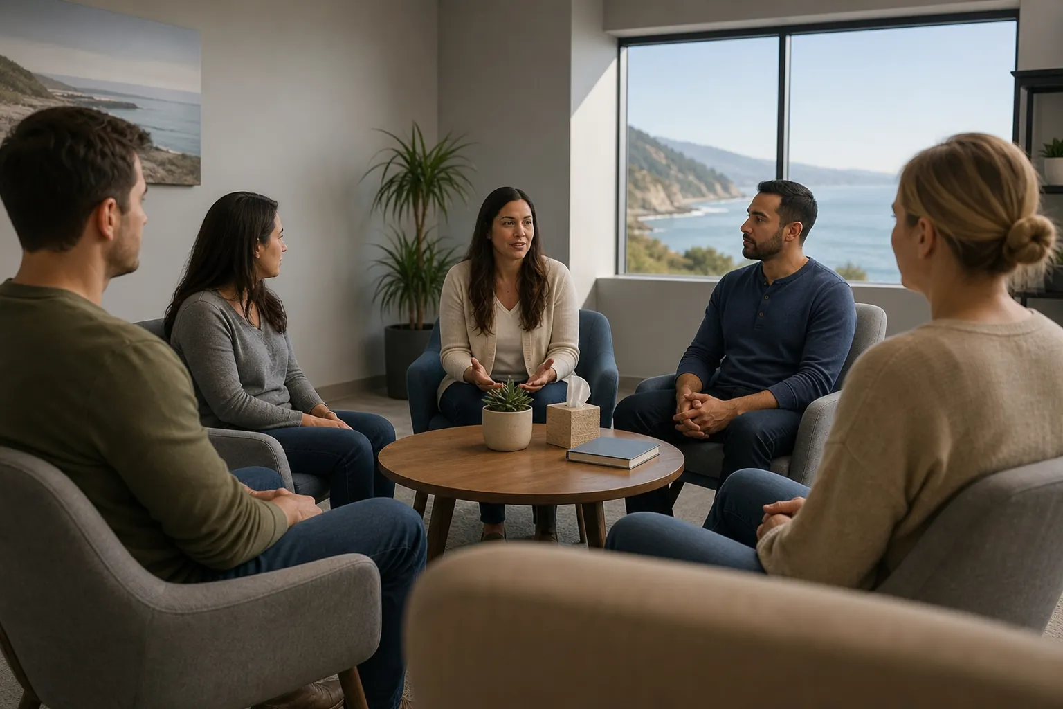 Group Counseling Session at a Coastal California Treatment Center Five adults sit in a circle during a group counseling session in a bright room overlooking the California coast.