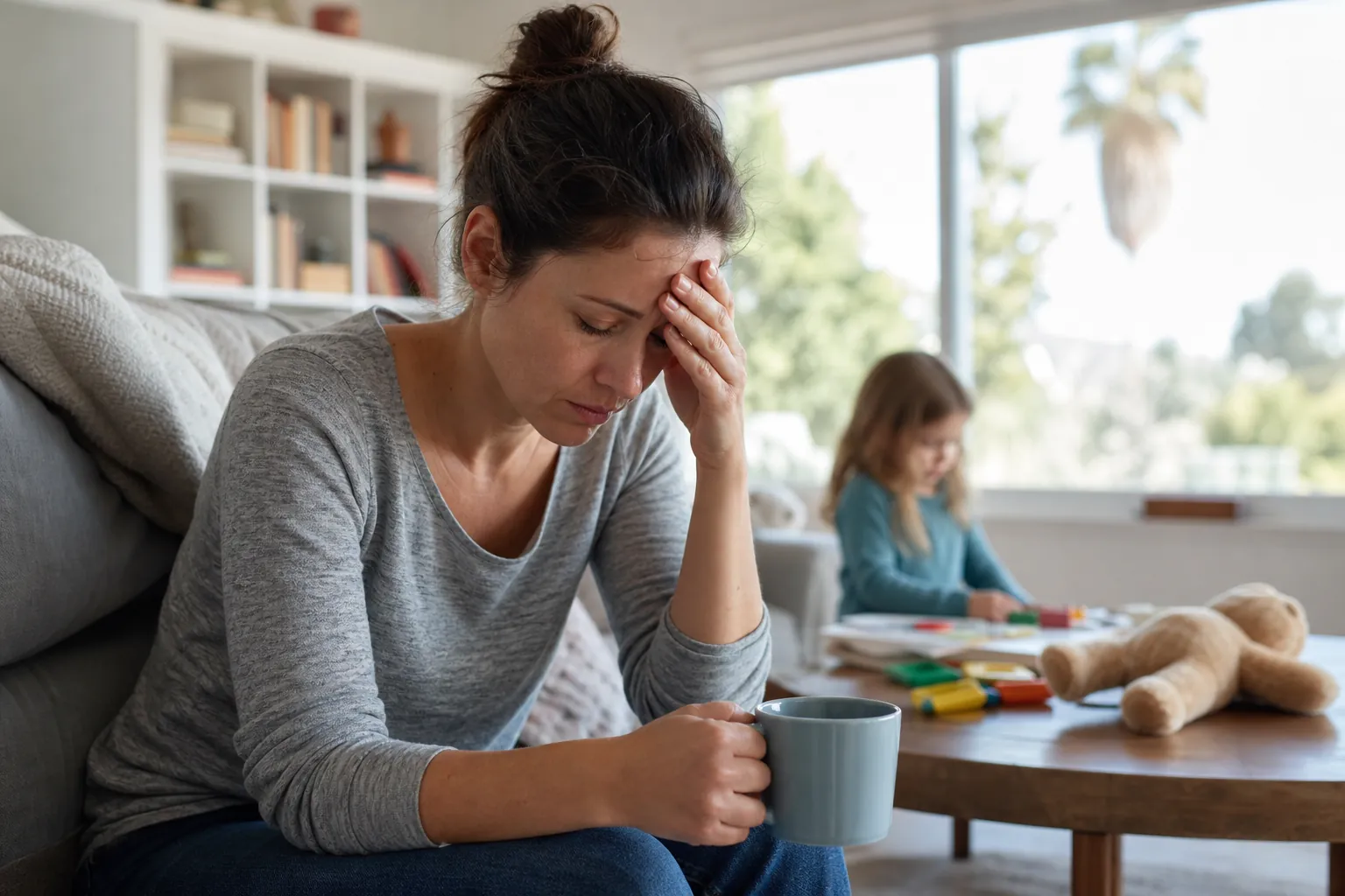 Distressed mother sitting near her child at home A distressed mother holds a mug and rests her hand on her forehead while a child draws at a table behind her.