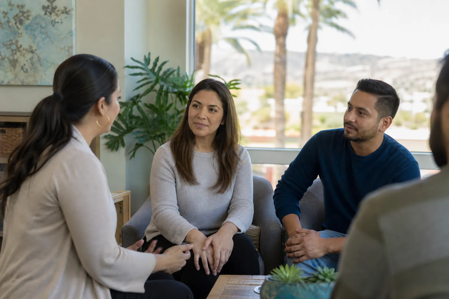 Counselor leading a group therapy session A counselor speaks with a woman and man during a group therapy session in a bright room with palm trees outside.