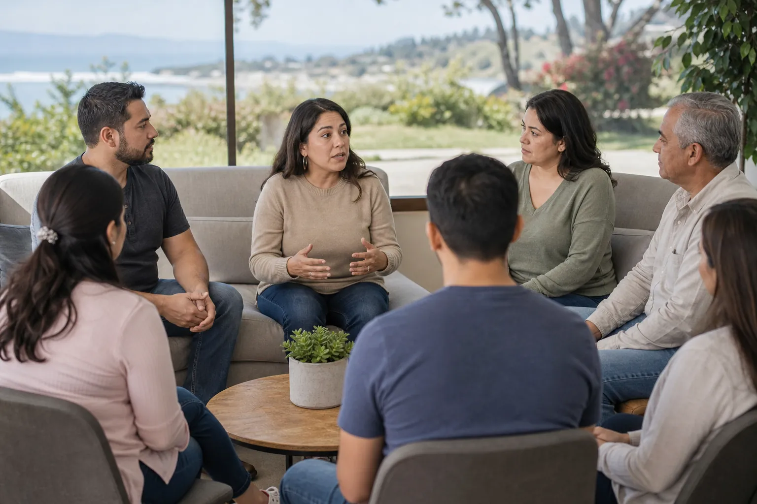 Adults Participating in a Group Counseling Session Seven adults sit in a circle for a group counseling session in a bright room overlooking a coastal landscape.