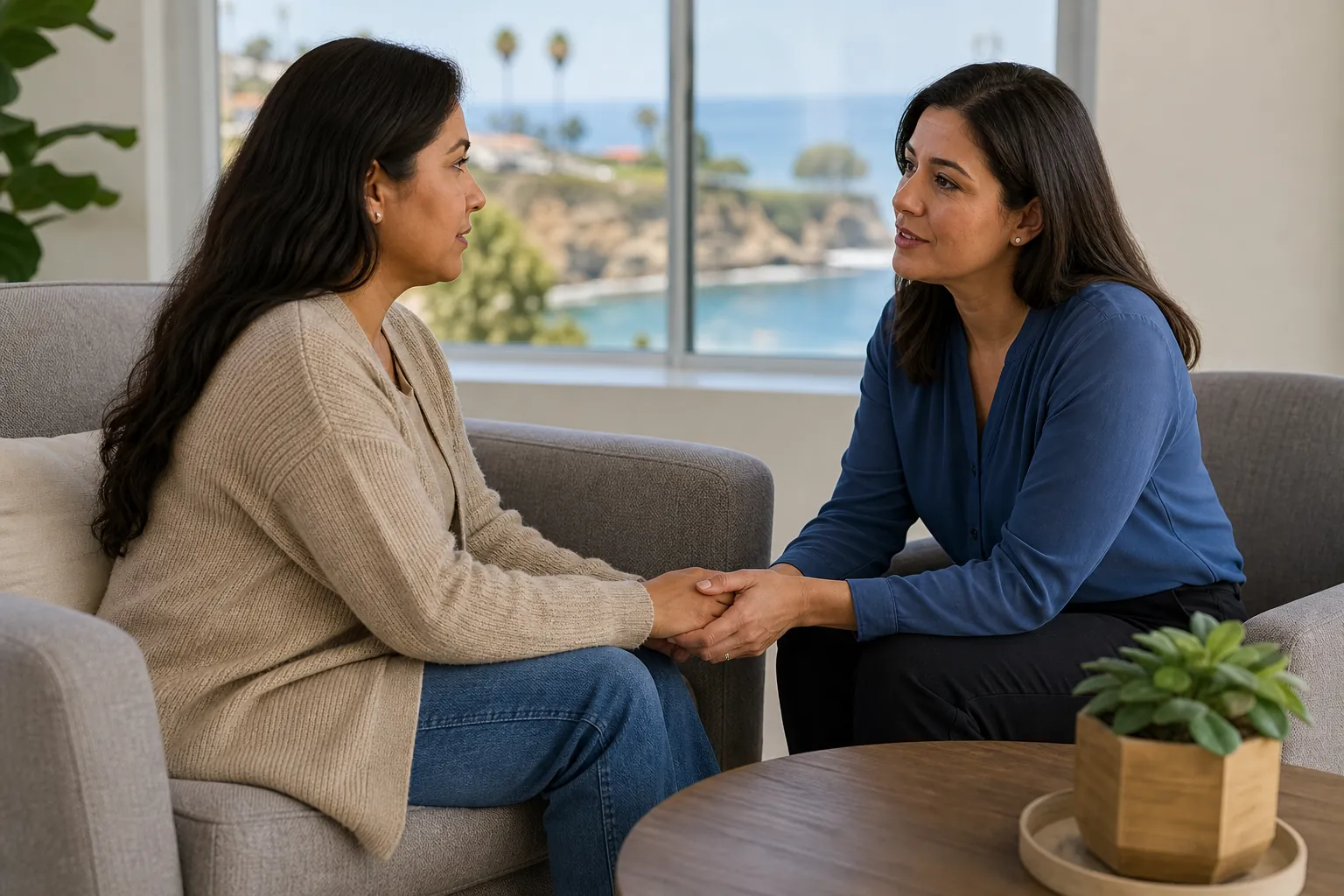 Supportive addiction counseling for Spanish speakers in California Two women hold hands during a supportive counseling conversation in a bright office overlooking the California coast.