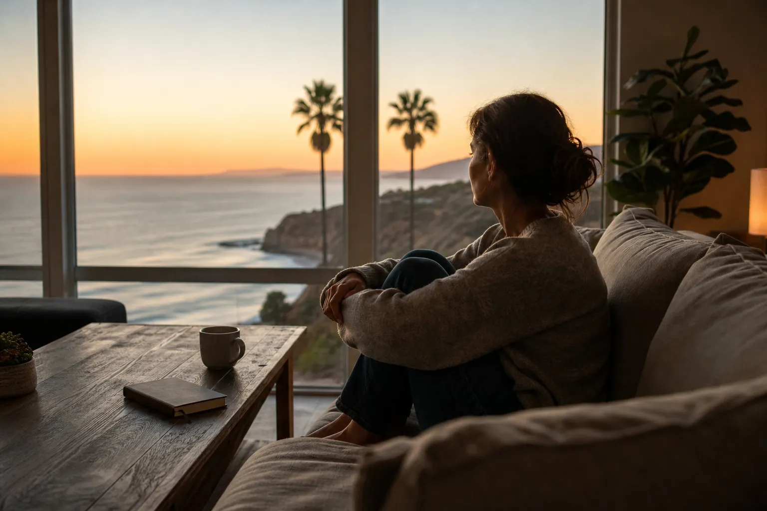 Woman Reflecting on a Sofa Overlooking the Ocean A woman sits curled up on a sofa overlooking the ocean and palm trees at sunset, with a mug and book on a wooden table.
