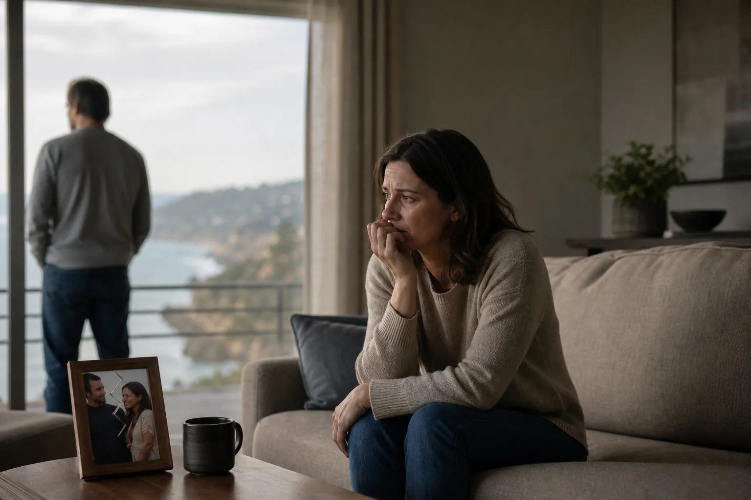 Worried Woman on Sofa With Man Facing Away A worried woman sits on a sofa while a man faces a coastal window, with a framed couple portrait and mug on the table.