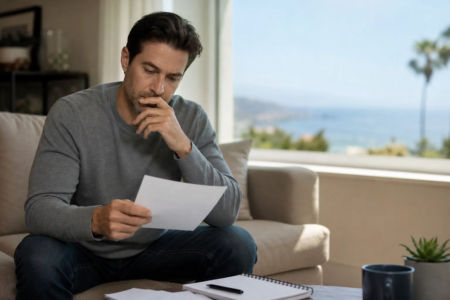 Pensive Man Reviewing Paperwork on a Sofa A pensive man sits on a sofa reading a sheet of paper, with a notebook and mug nearby and an ocean view behind him.