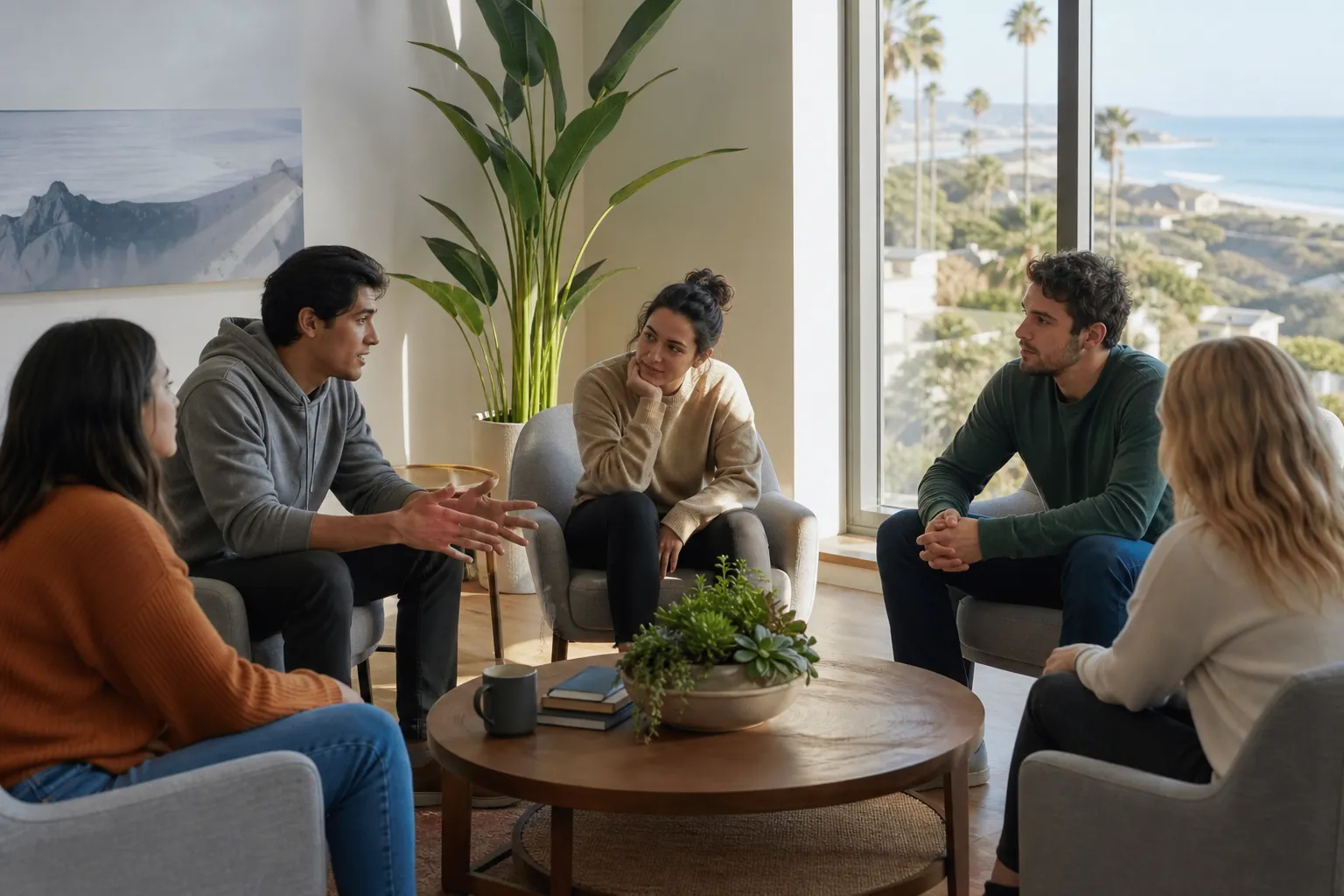 Five young adults sit in a supportive group discussion in a bright coastal room overlooking palm trees and the ocean.