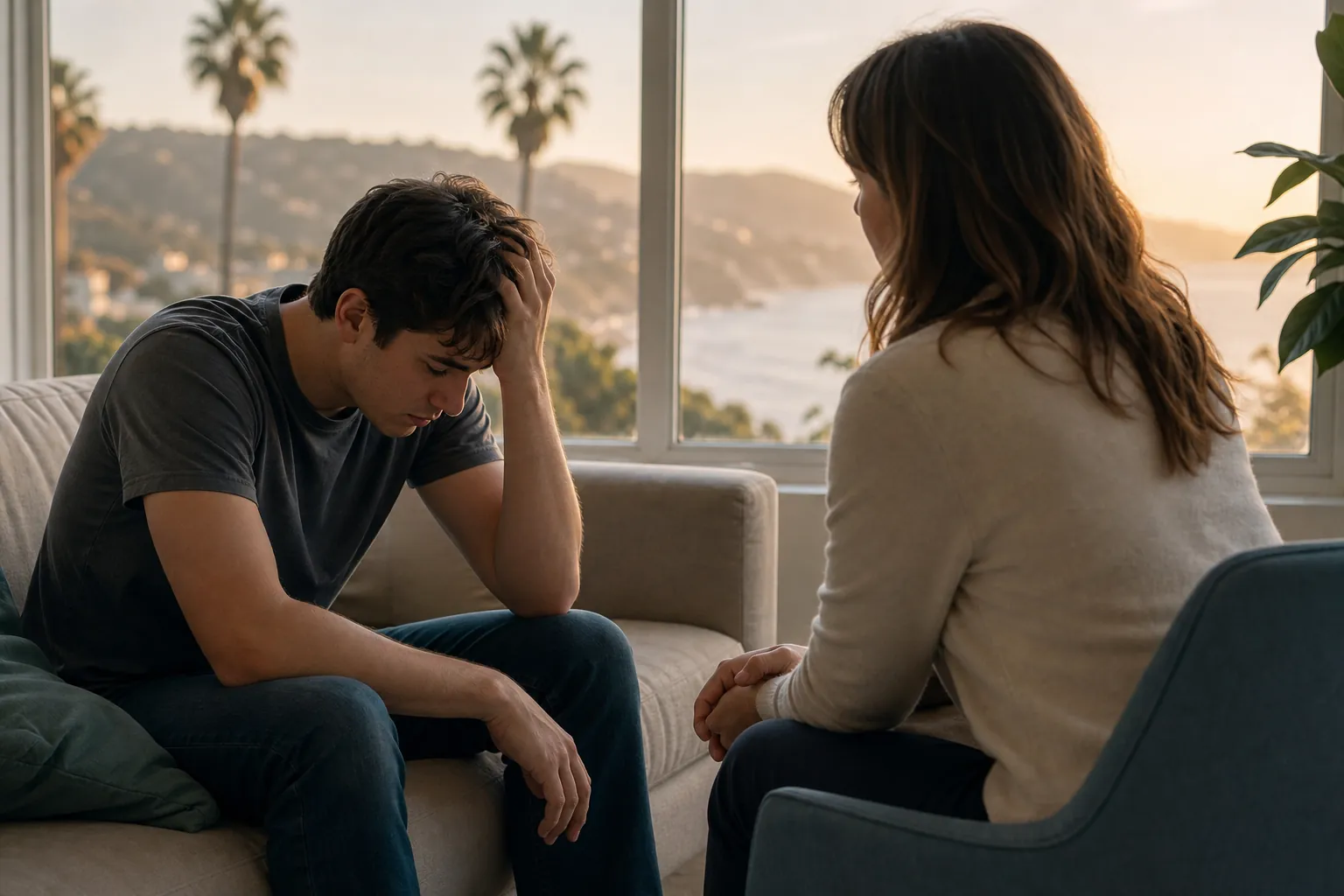 Distressed young man sits with his head in his hand while speaking with a supportive woman in a coastal California home.