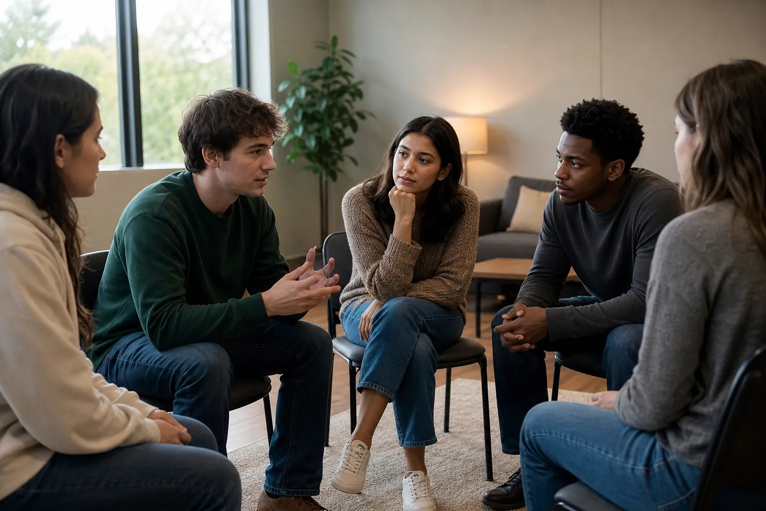 Five young adults sit in a circle and listen to one another during a supportive group therapy session.