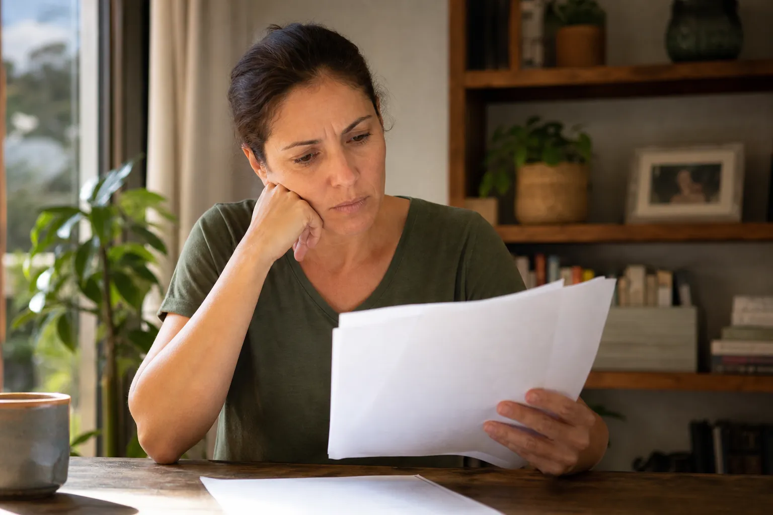 Concerned woman seated at a table reviewing several sheets of paperwork in a home setting.
