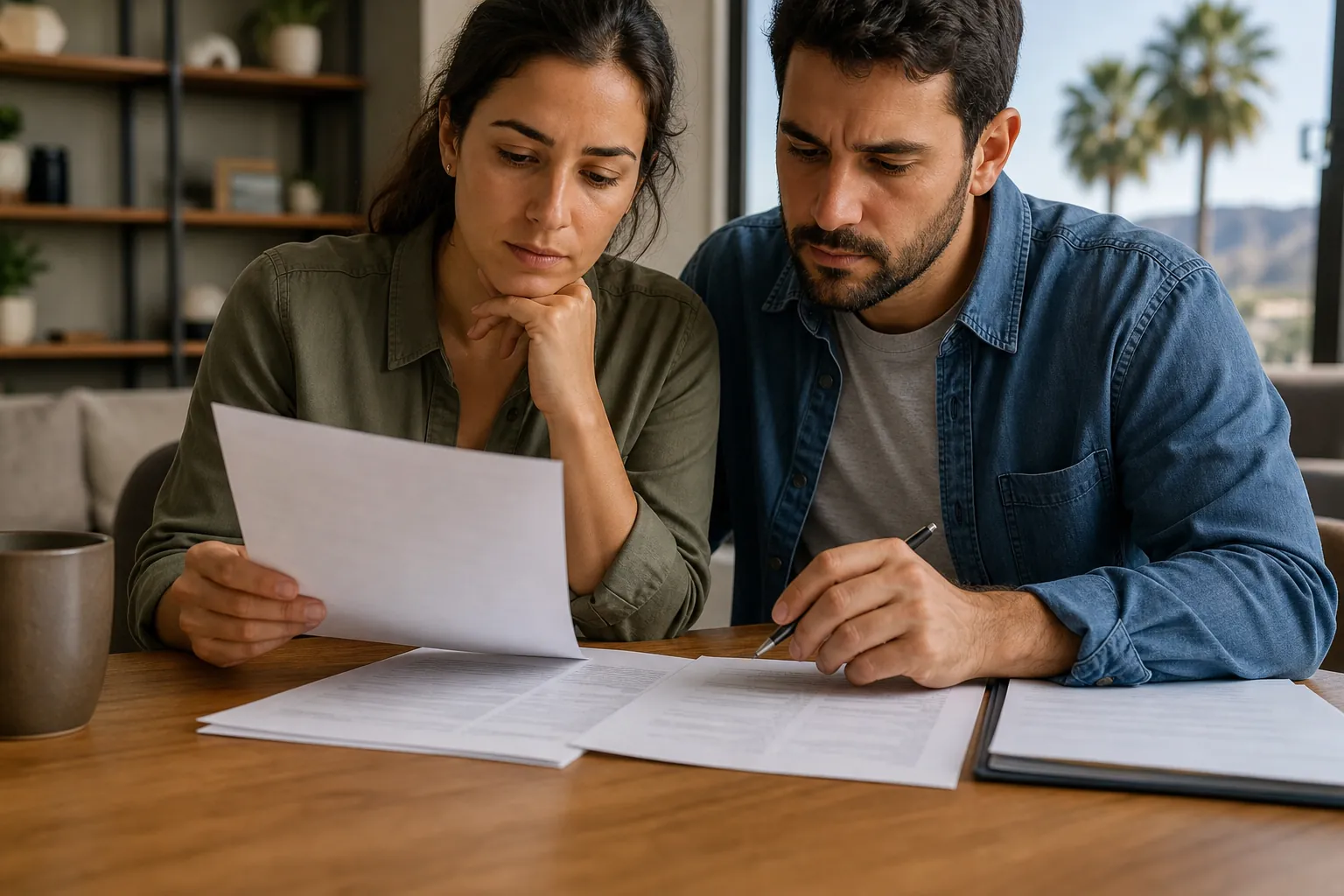 A concerned couple reviews insurance paperwork together at a table, with the man pointing to figures using a pen.