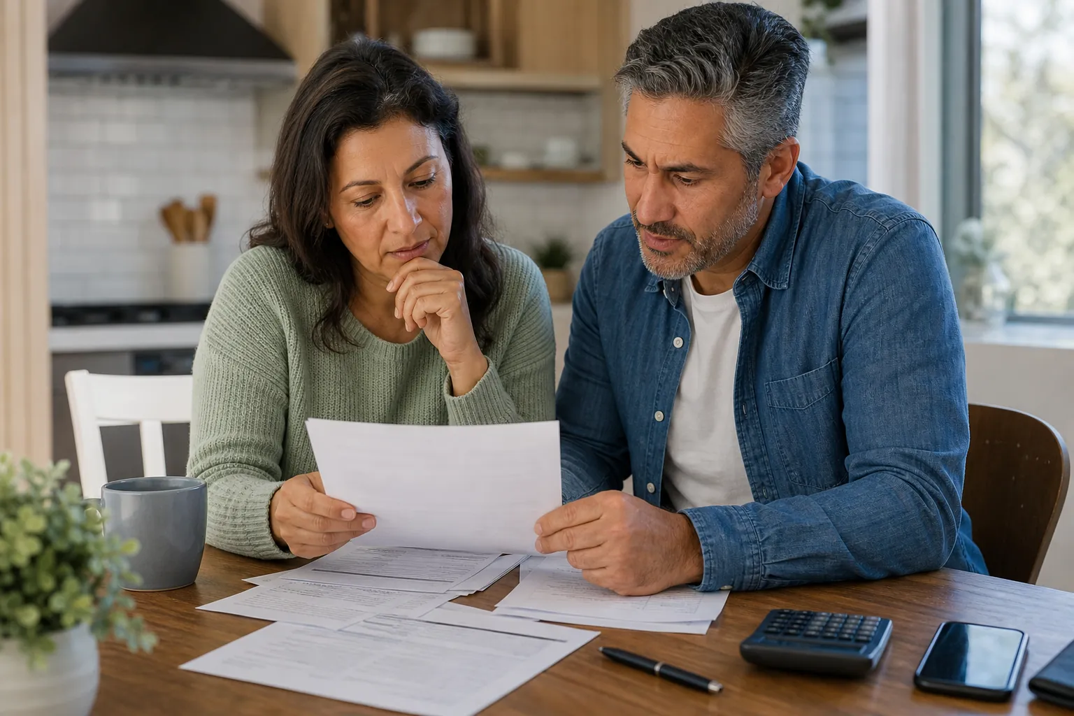 A couple reviews insurance paperwork together at a kitchen table with a calculator, pen, phone, and coffee mug.