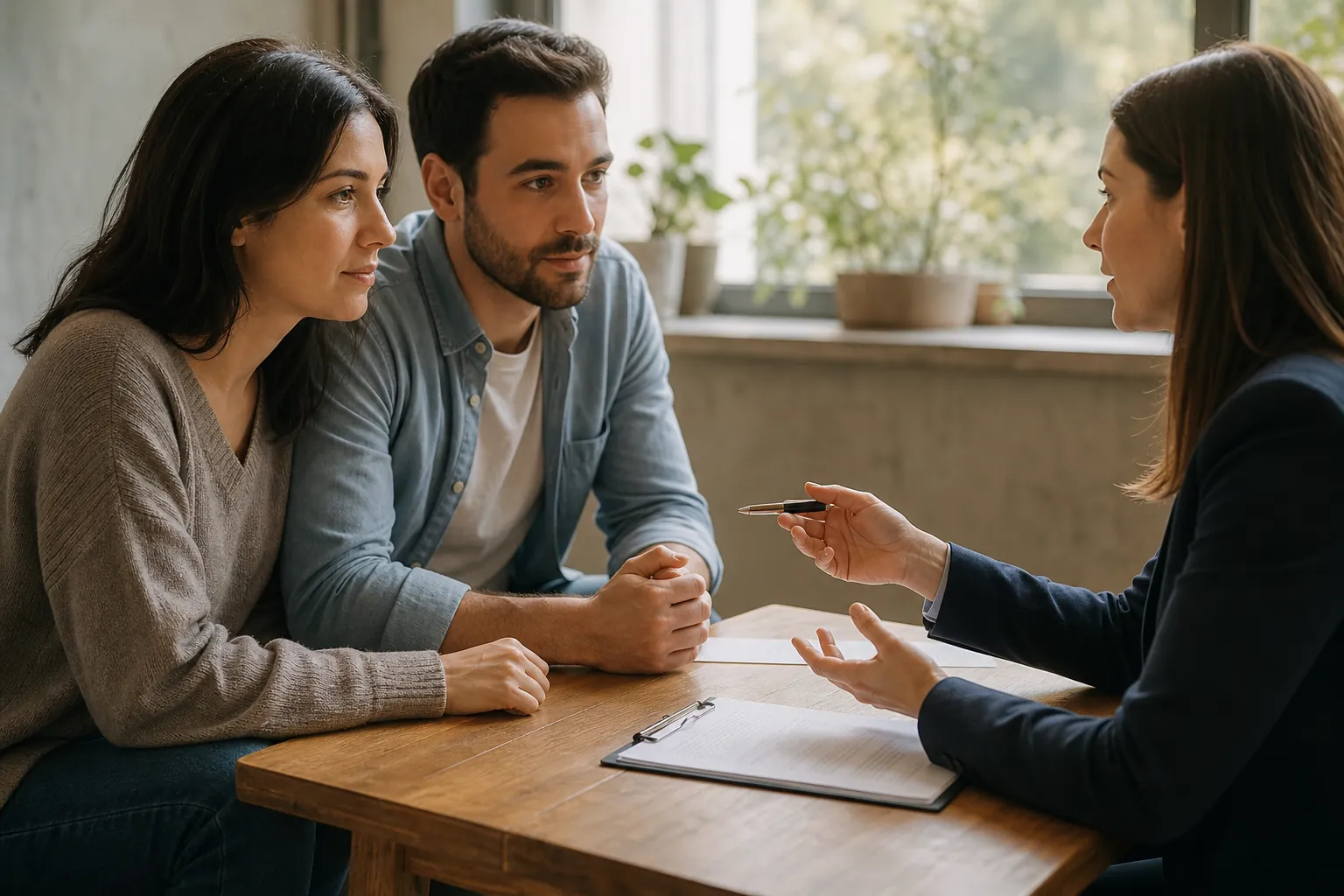 A couple listens as a professional discusses paperwork with them at a wooden table in a bright office.
