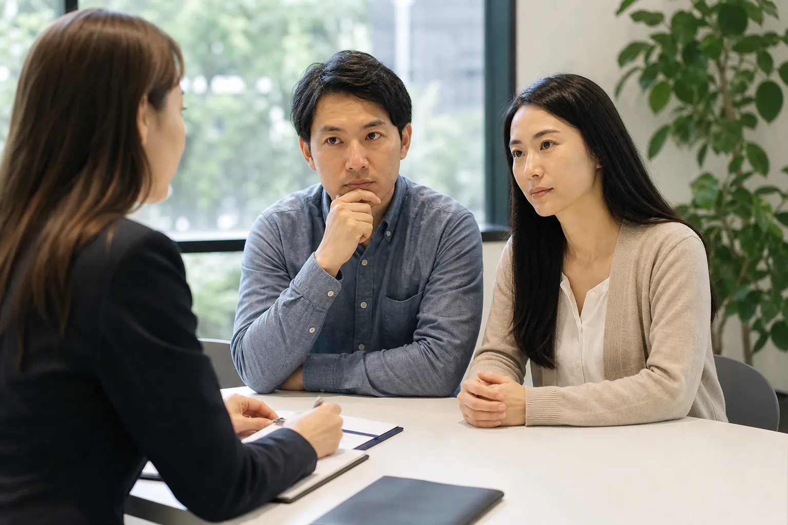 A seated couple listens to a professional across a table during a serious office consultation about coverage options.