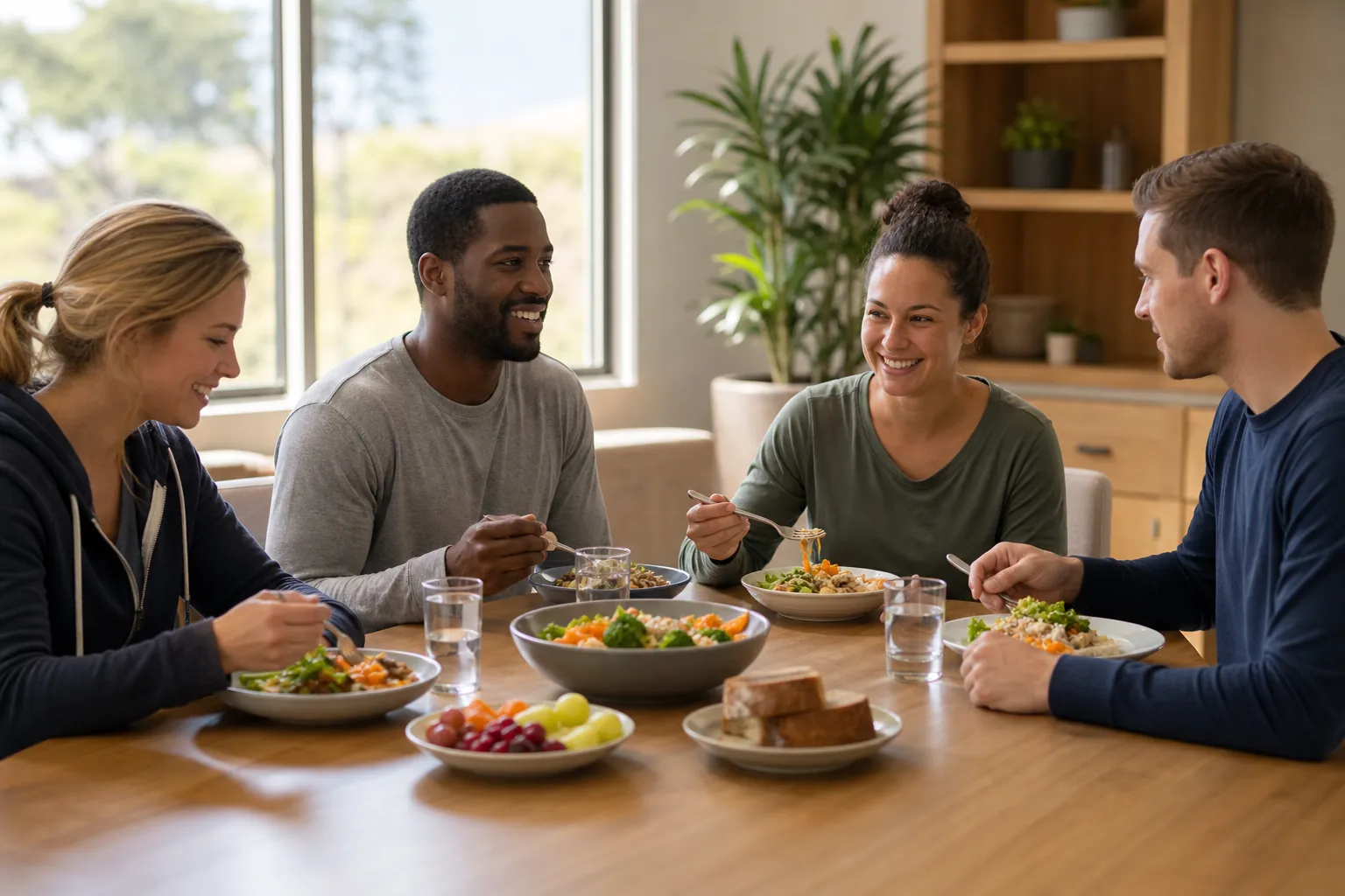 Four adults sharing a healthy communal meal Four adults share salads, vegetables, fruit, and bread around a table in a bright communal dining room.