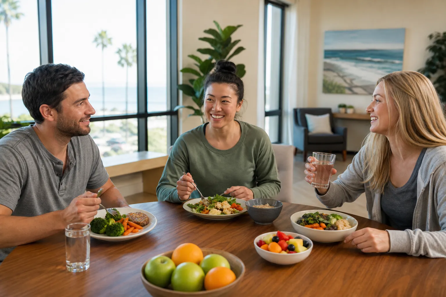 Healthy group meal in a coastal California setting Three adults share healthy meals and fruit at a dining table in a bright coastal California setting.