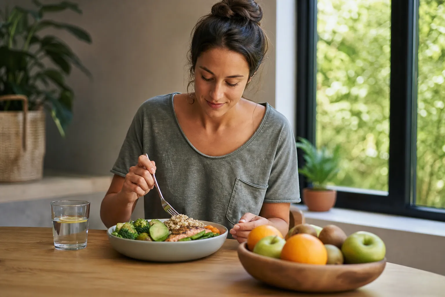 Woman enjoying a nutritious meal with fresh fruit Woman eating salmon, grains, and vegetables at a table with water and a bowl of fresh fruit nearby