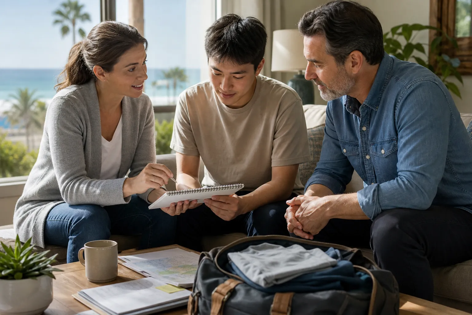 Three people review a spiral notebook on a sofa, with papers, a mug, and a packed duffel bag on the coffee table.