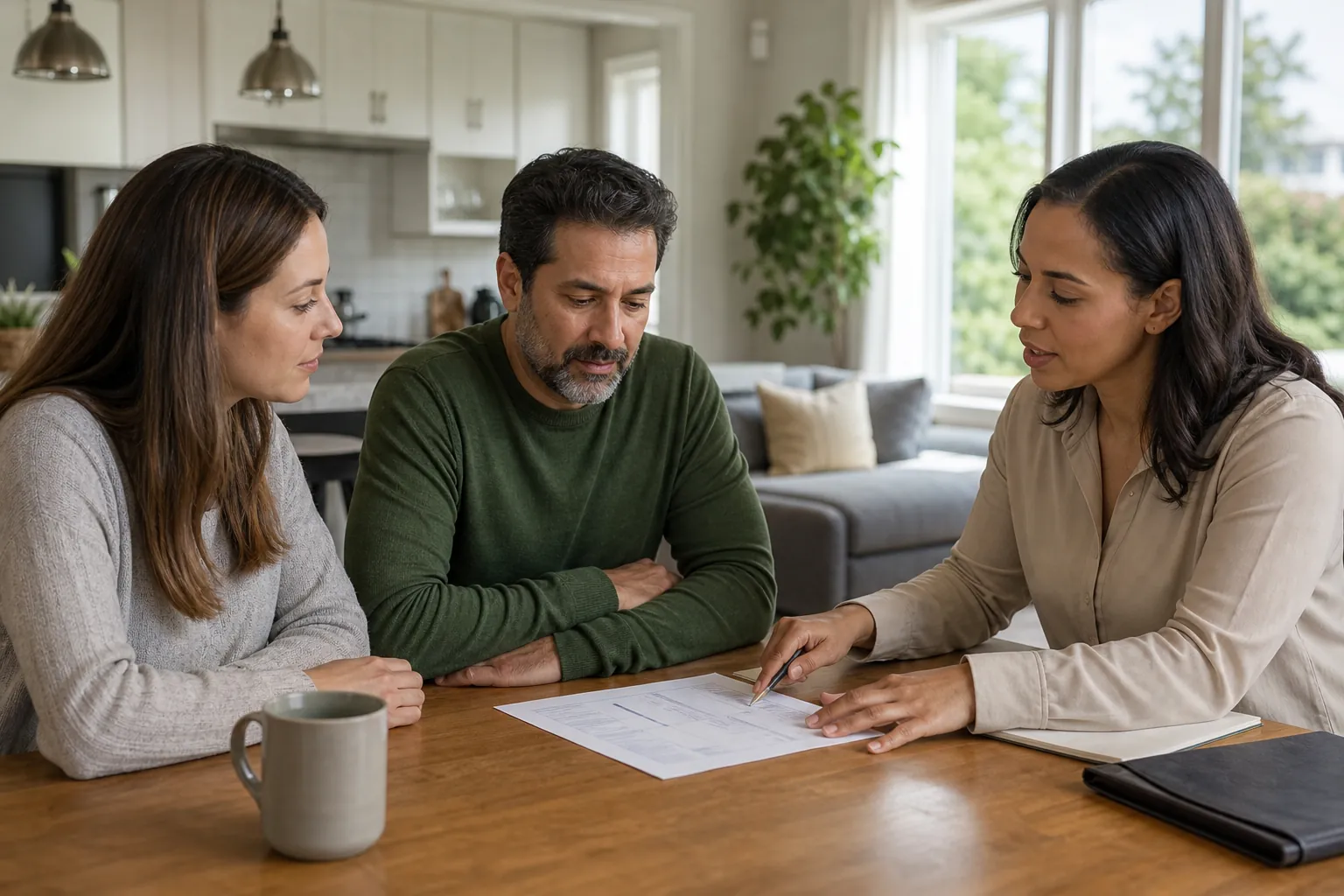 Three adults sit at a wooden table in a bright home, reviewing paperwork as one woman points to a document with a pen.