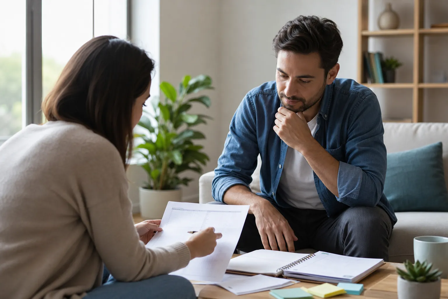 A woman holds paperwork while a man sits opposite her, with an open notebook and sticky notes on the coffee table.