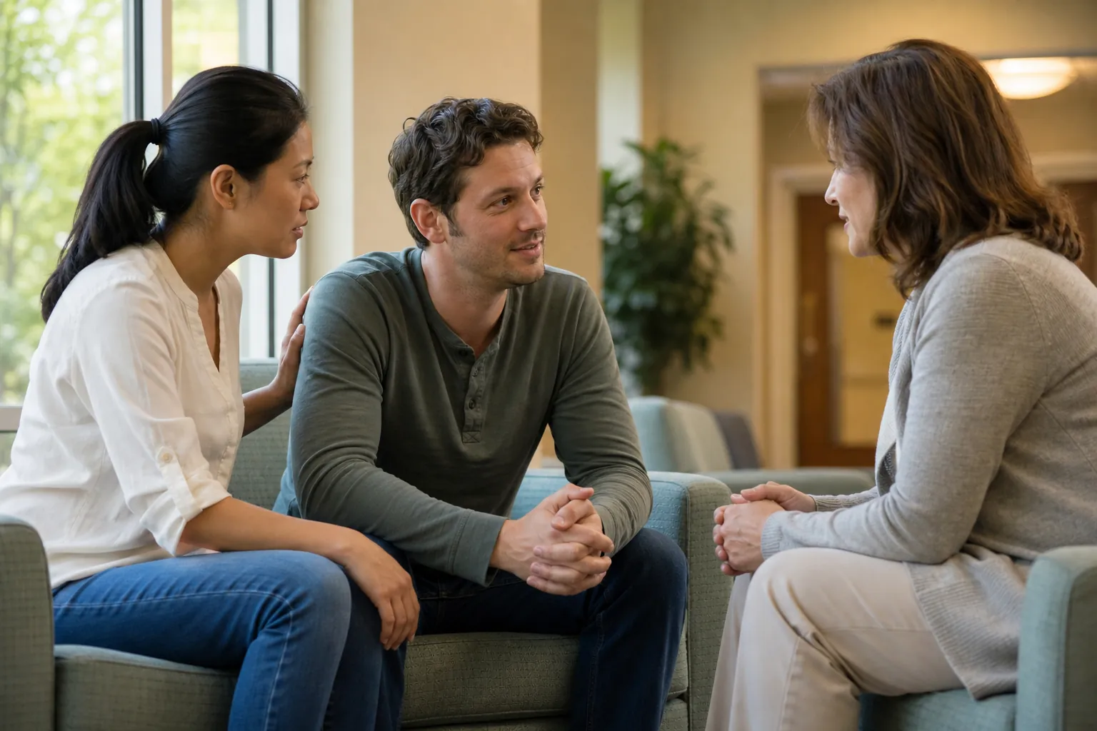 Couple Visiting With a Woman in a Rehabilitation Center A seated couple speaks with a woman in a comfortable rehabilitation center lounge during a visit.