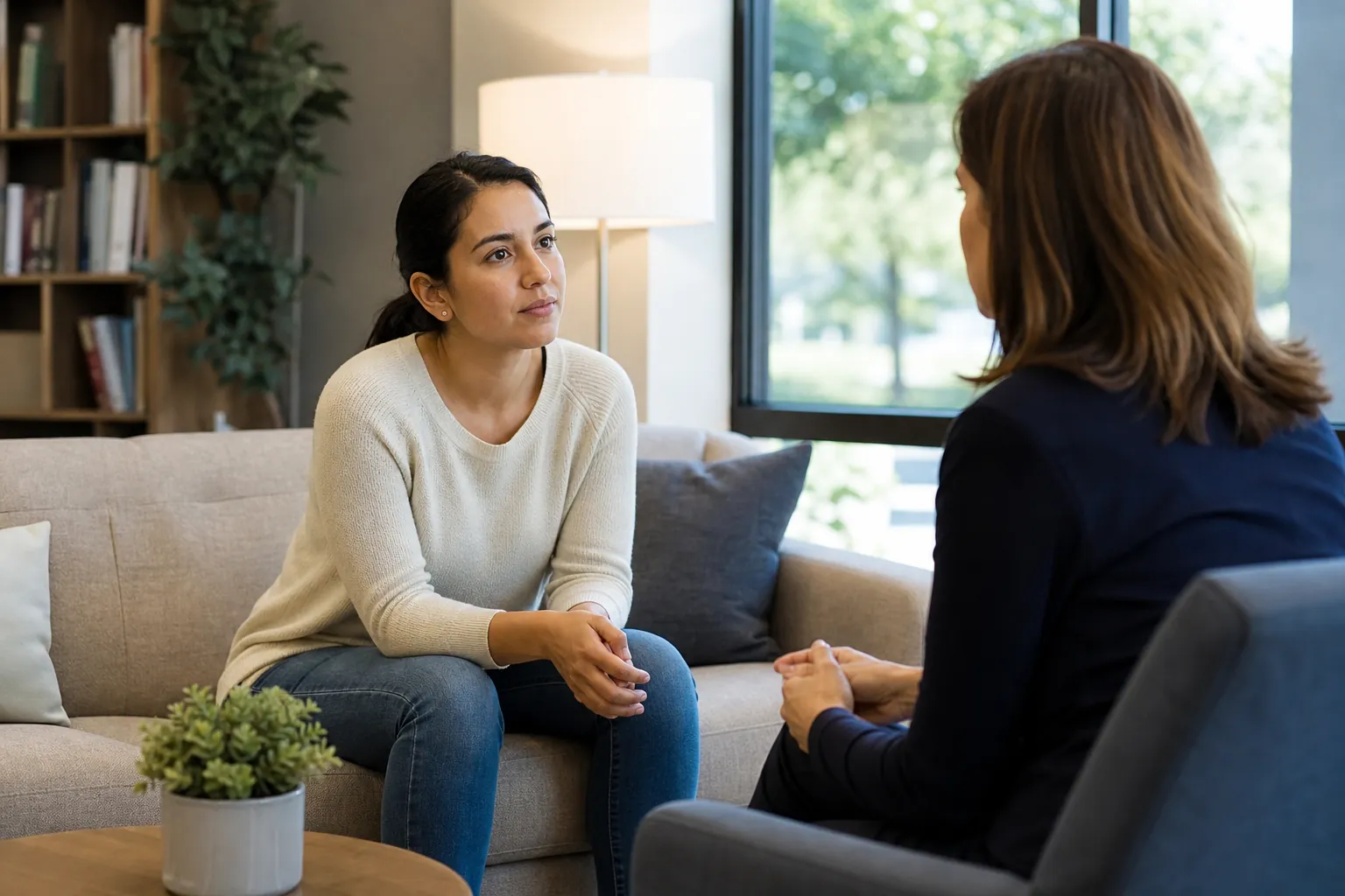Two women discussing policies in a counseling room Two women sit across from each other in a comfortable counseling room, having a focused private conversation.