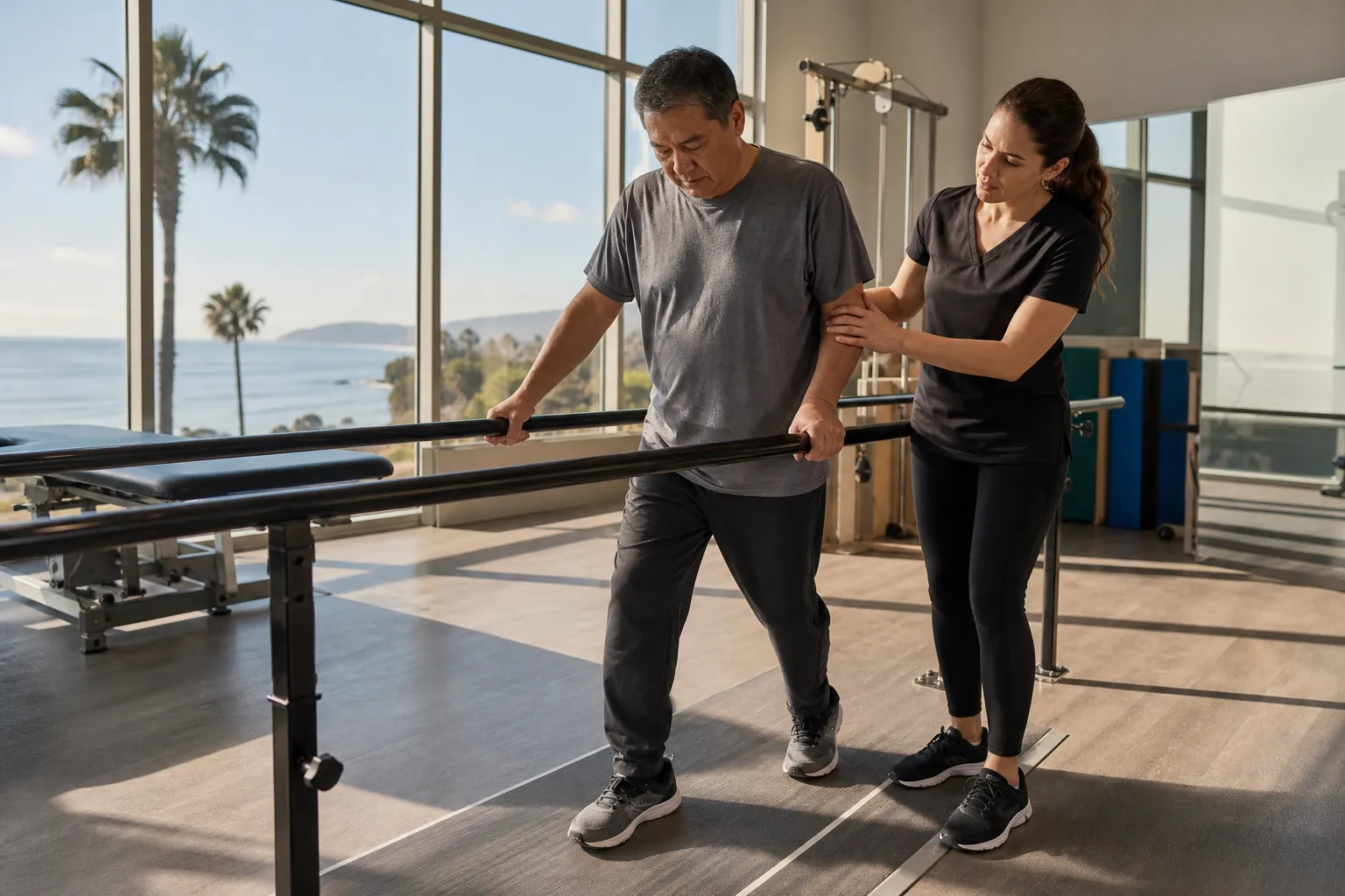 Physical therapist assisting a man during rehabilitation A physical therapist supports an older man walking between parallel bars in a bright coastal rehabilitation clinic.