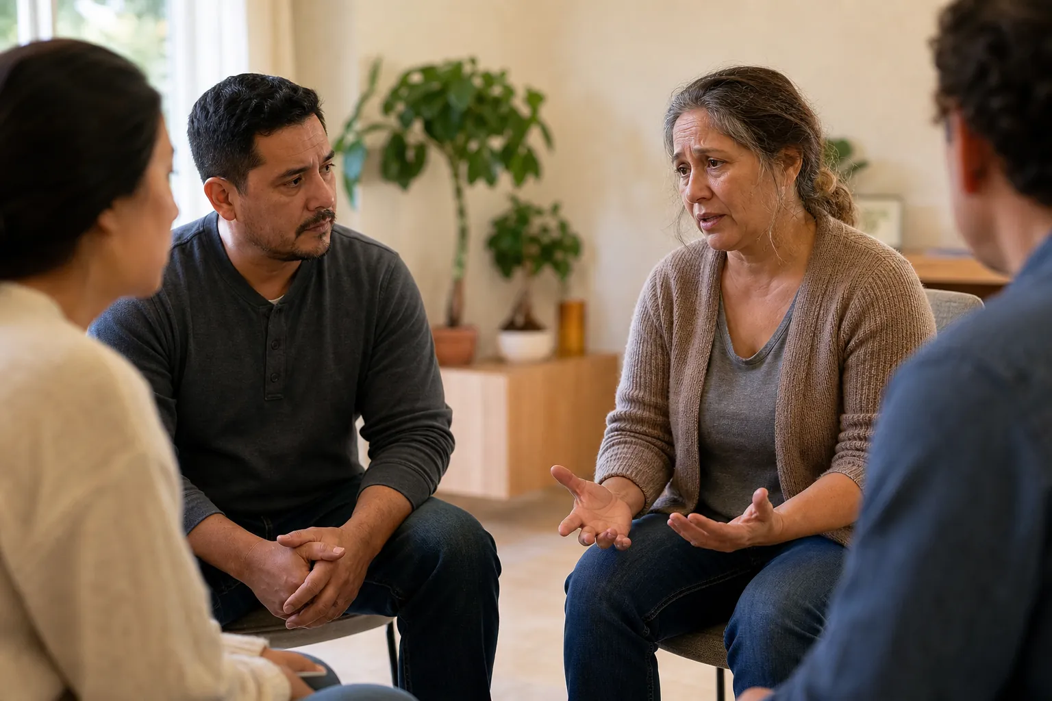 Adults participating in a small support group discussion A woman speaks with open hands while three other adults listen during a small support group meeting.